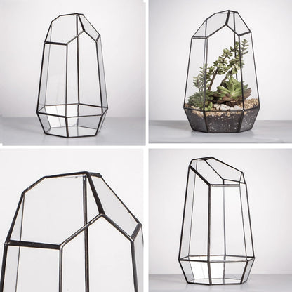 Geometric Plants Terrarium Planter - Glass Terrarium for Succulent, Cacti - 6.5X5.7X9.8 Inches - Indoor Tabletop Irregular Opened Container Pot for Home, Garden, Office Decor, Black (No Plants)